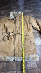 Vintage 2 XL Leather Fur Trim Shearling Belted Coat Tan Marcia Collection