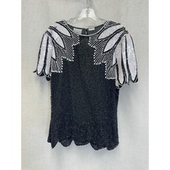 Stenay 100% Silk Beaded Sequin Black White Top Womens 14 Vintage Evening Blouse