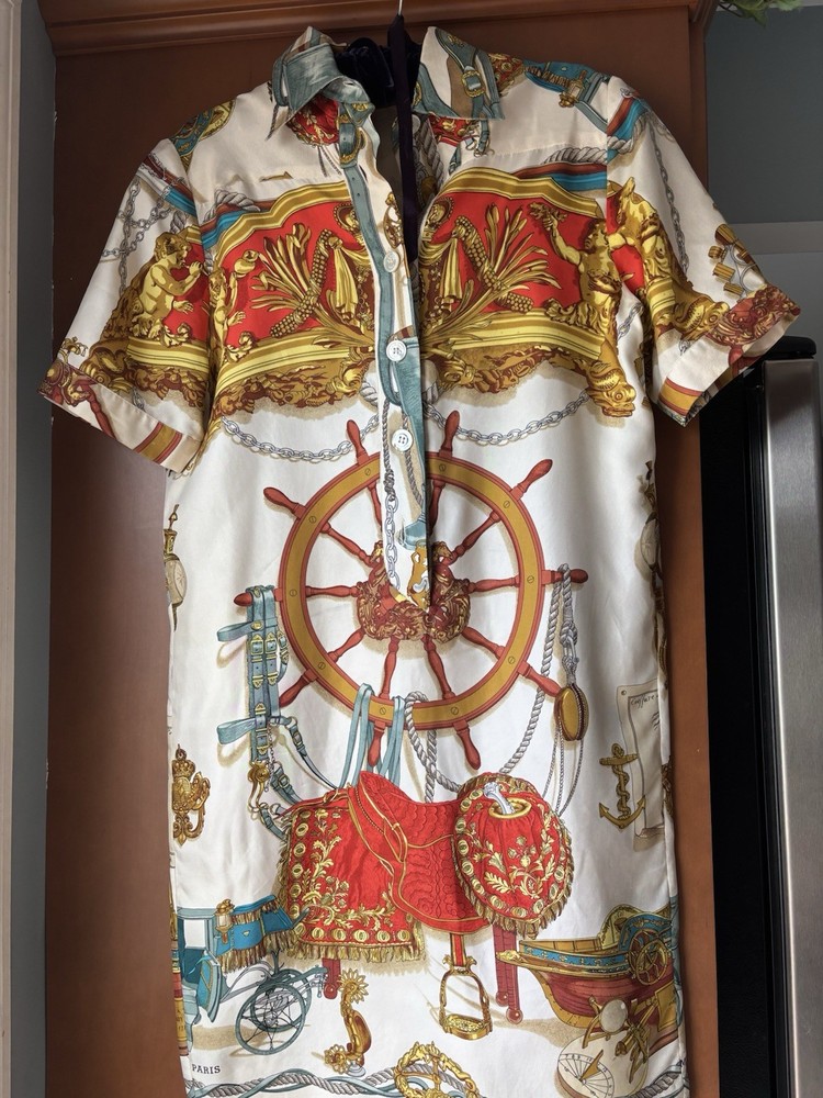 Authentic Vintage Hermès Nautical Print Silk Shirt Dress 1990s Size 36