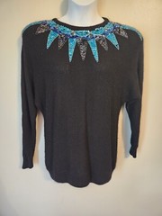 Vintage 80s Diana Marco Sequin Collar Black Sweater XL