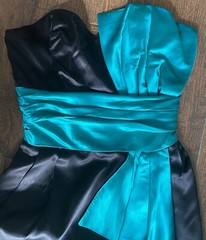 Vintage Roberta California Dress Black Teal Bow Prom Satin Sleeveless Zipper XS