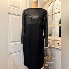 Escada Couture Vintage Black Sequin Silk Midi Dress Long Sleeve Germany Size 42
