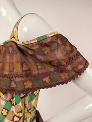 1930’S HEART + FLORAL CHECK COTTON LONG DRESS W SILK ORGANZA RUFFLE + TRIM