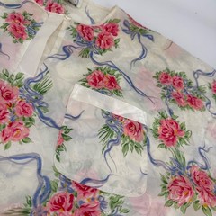 Vintage JO Intimates Floral Damask Pajama Top Medium Pink Rose Blue Ribbon Cream
