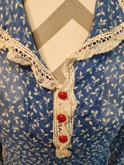 Vintage 1930s Thin Blue Cotton Dress with Crochet Lace Red Buttons M/L
