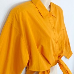 Vintage 1980s gold blouse, yellow mustard cotton blend long sleeve turmeric S M