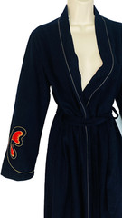 Vintage 1970s long black robe embroidered red butterfly wrap sleeve velvet dress