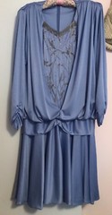 VTG CREST FASHIONS DRESS SIZE 14 SILVERY BLUE LONG SLV W/CLEAR BEADED TRIM ILGWU