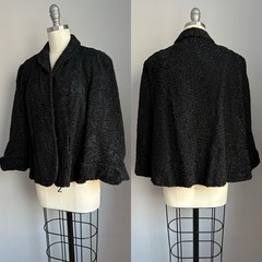 Vintage 1940’s Jet Black Curly Lamb Fur Cape Jacket Coat Size S/M