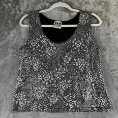 R&M Richards Tank Top Womens Medium Silver Black Sequin Floral Vintage (1516)