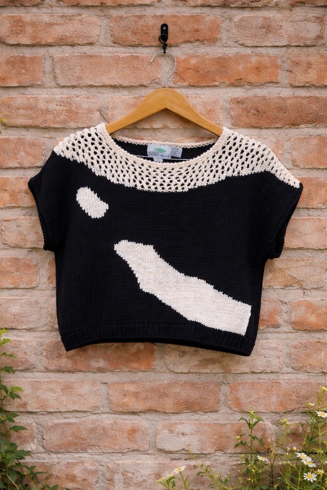 Vintage 90s Laurel Grove Spring Sweater M Black Cream Crochet Yoke Cropped Knit