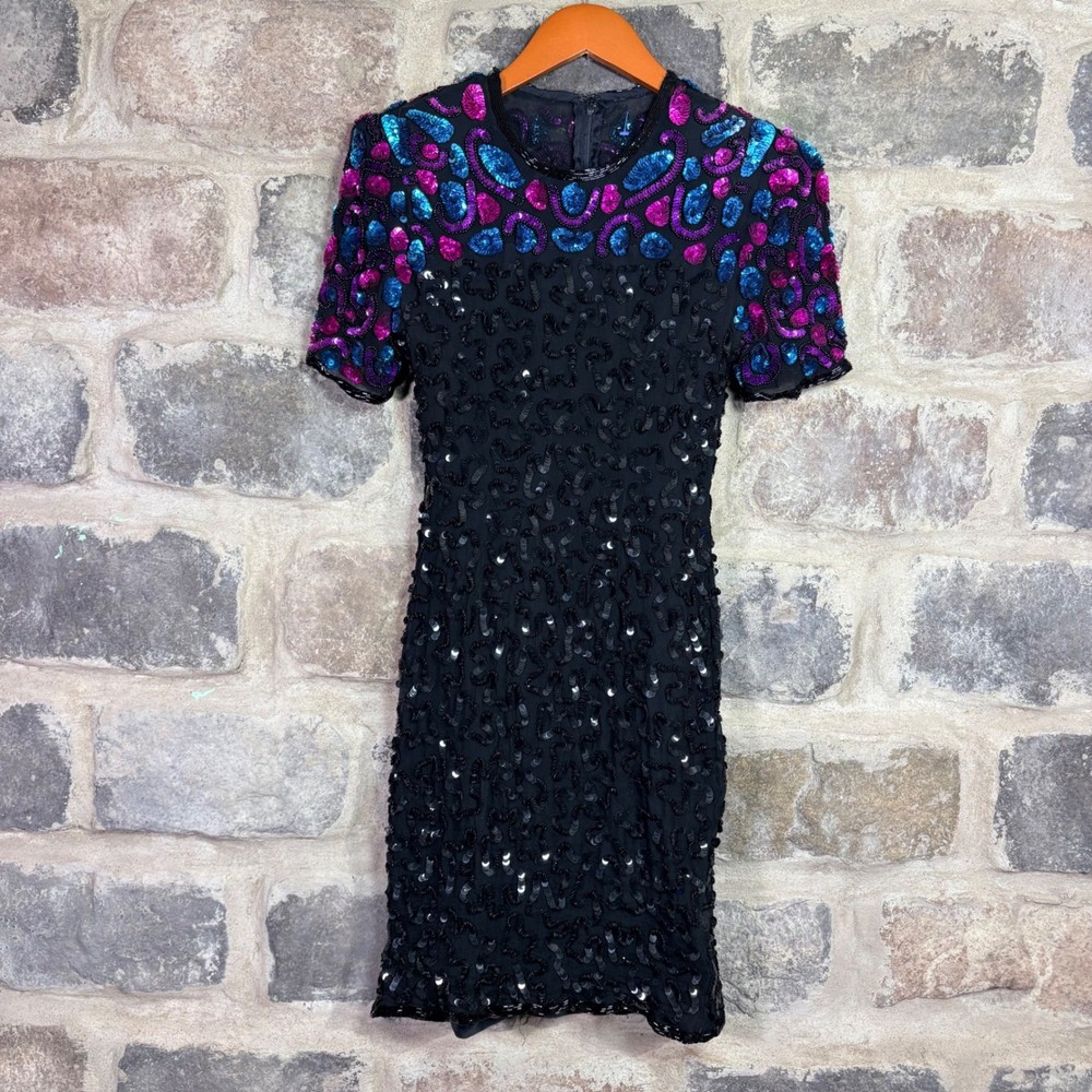 Stenay Vintage Silk Sequin Dress Black Teal Magenta Petite 6 Cocktail Sheath