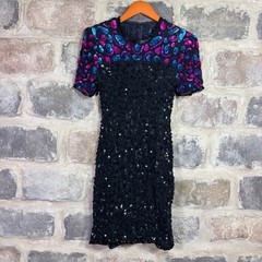 Stenay Vintage Silk Sequin Dress Black Teal Magenta Petite 6 Cocktail Sheath