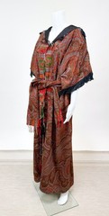 Antique Paisley Tapestry Kashmir Robe or Jacket Red Orange Fringe AS IS
