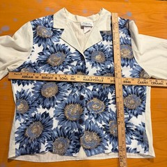 Vintage 90s Blue Sunflower Button Front Short Sleeve Top Cotton Blend L XL