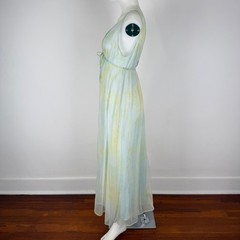 VTG Miss Elaine Sheer Chiffon Mint Green Floral Empire Maxi Nightgown V-Neck