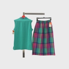 80s Vintage Plaid 2 Piece Skirt Set Womens XS Sleeveless Teal Pink Golf Polo 2
