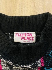 Vintage 1980s Womens Sweater Blue Pink Aztec Geometric Clifton Place Made In USA