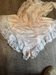 Vintage 80s Sears Pink Satin Flutter Lace Teddy Bodysuit Romper Ruffle Med
