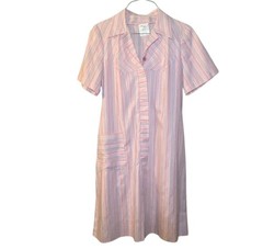 Vintage Striped Shirt Dress 12 1/2 Short Sleeve Pink Blue USA Made Modest