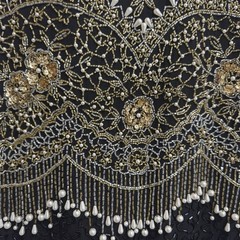 VTG Oleg Cassini Black Tie 100%Silk Beaded Cocktail Dress 10 Pearl Fringe Gatsby