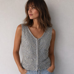 Vintage Hand‑Beaded Wool Blouse Size 38 M Blue Iridescent Sequins Fringe Party