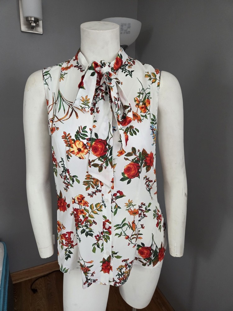 New York and Company White Rose Floral Sleeveless Tie Neck Blouse Top S 4