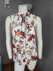 New York and Company White Rose Floral Sleeveless Tie Neck Blouse Top S 4