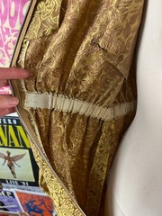 Vtg 60s Gold Blush Brocade Jacquard Metallic Bishop Sleeve Hostess Maxi Dress