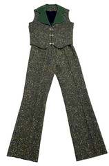 Vintage Tweed Pant Suit Vest Two Piece Set 60s Retro Green Bell Bottoms Handmade