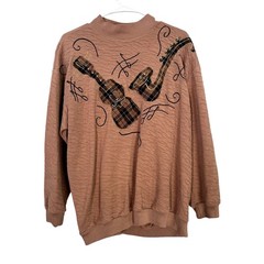 Donna Toran Pullover Women XL Brown Music Plaid Applique Mock Neck Vintage 90s