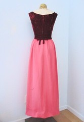 Vtg 50s 60s Burgundy Velvet Pink Chiffon Maxi Dress Prom Formal Evening Gown XS