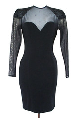 Vtg 80s HW Collection Black Bodycon Dress S Women Crystal Studded Illusion Top