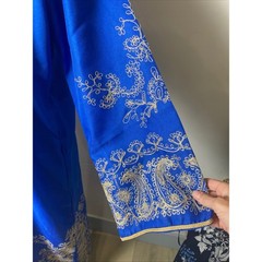 Vintage 60s Royal Blue Gold Embroidered Kaftan Hippie Boho Maxi Dress Paisley