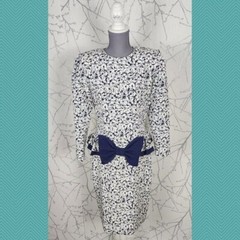 Algo Ettes Vintage White Navy Floral Bow Peplum Midi Sheath Dress | Women’s 10