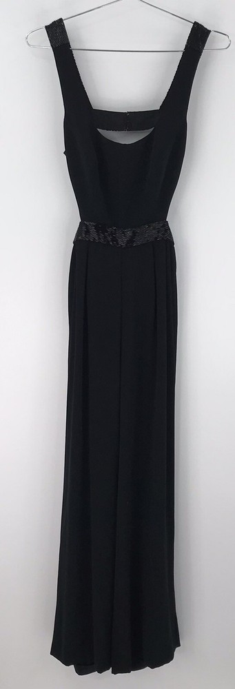 Vintage Cache Jumpsuit Romper Black Halter Beaded Black Stretch Womens Size 2