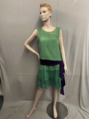 Fabulous 1920’s Dress Of Pleated Green Chiffon With Purple Silk Velvet Sash