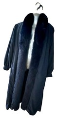 Navy Trench, Fox Fur Tuxedo Collar, Removable Sheered Fur Liner, Satin Lining