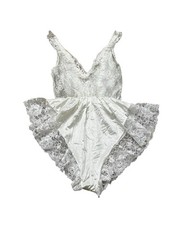 Vintage Tosca Lingerie Teddy Silky White Nylon Pink Ribbon Ruffle Lace Size S