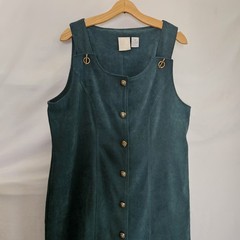Christopher & Banks Dark Green Faux Suede Button-Front Jumper Dress Womens 14