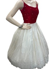 M Vtg 50s Prom Dress Red Velvet Rhinestone Cream Eyelet Chiffon Skirt Side Zip