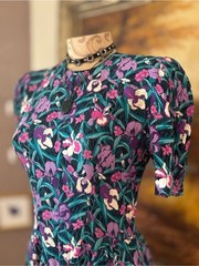 Vintage 80s/90s Floral Princess Puff Sleeve Midi Dress in Teal & Purple – S