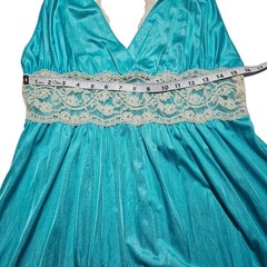 Vtg 70s Gilead Teal Nylon Nightgown Plunging V Back Lace Empire Waist Sz Medium