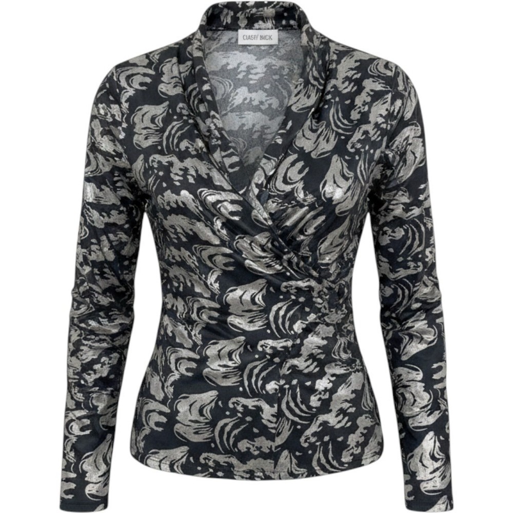 Carry Back Blouse Women 10 Black Silver Metallic Foil Abstract Vintage Glam Top