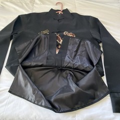 Vintage Black Chinese Gold Dragon Jacket- Poly. See measurements for sizing.
