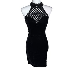 CLIMAX Women 6 Vintage 90’s Karen Okada Black Velvet Sequin Cut Out Halter Dress