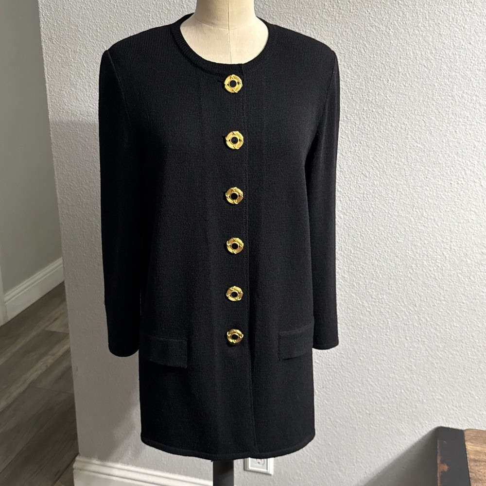 Vintage Toula Black Gold Button Knit Sweater Jacket Size 6 Old Money Classic