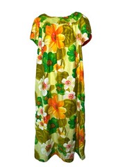 VTG Hawaiian Dress Alice Polynesia Maxi Green Orange Yel Pink Waterfall Shift XL