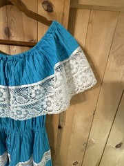 Vintage 70s Mexican Blue Floral Dress Crochet Lace Boho O/S L/XL NWD YELLOW