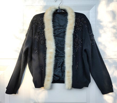 Vintage Black Wool Beaded Cardigan w/ Real Mink Fur Collar –Lined- Hong Kong